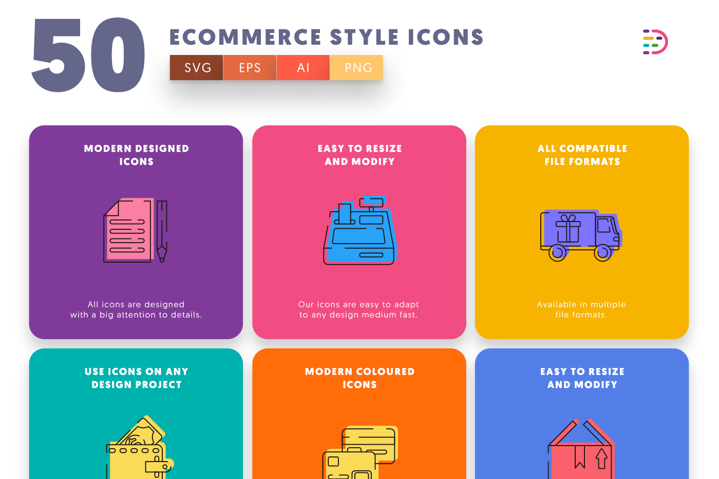 Ecommerce Line Icons with colored backgrounds 
