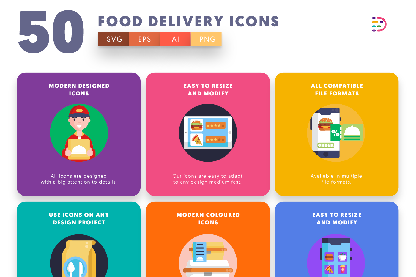 Food Delivery Icons with colored backgrounds 