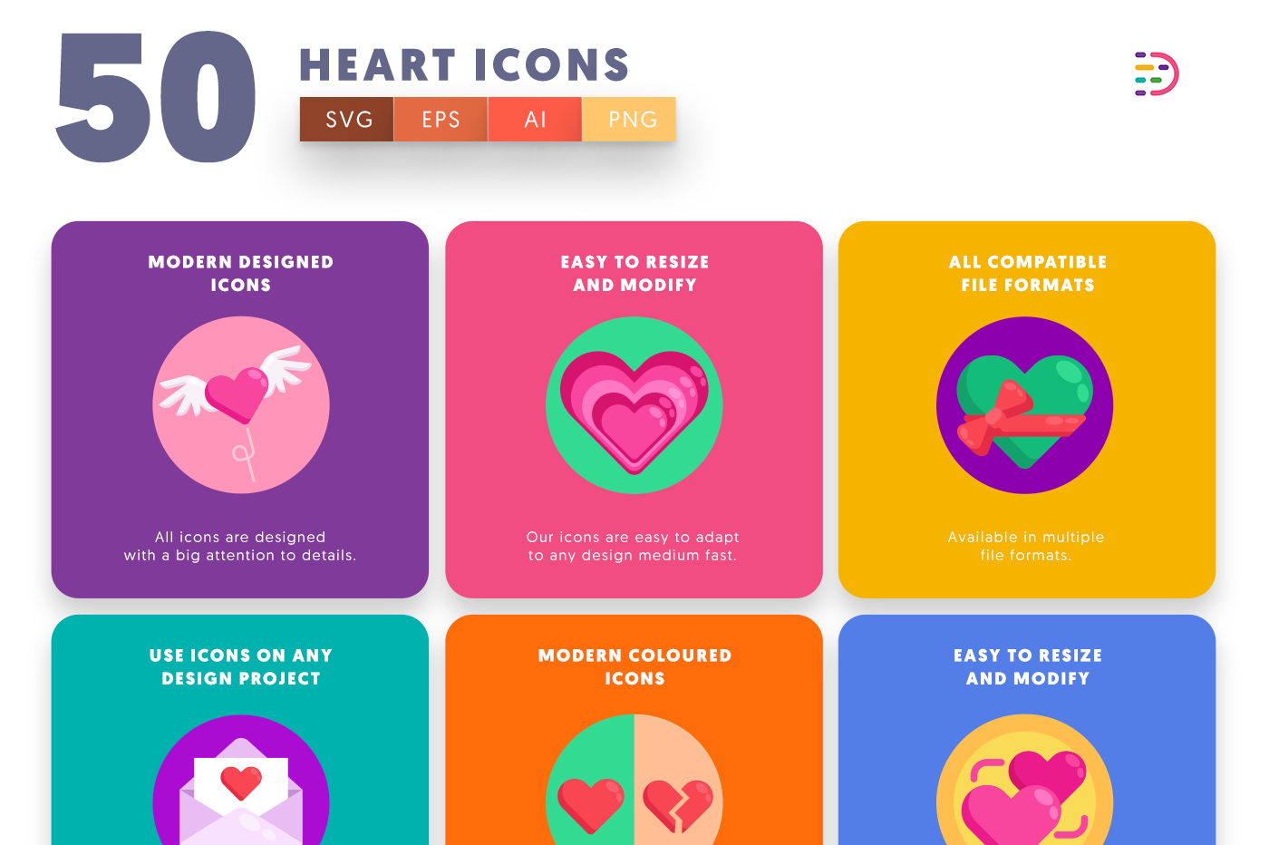 Heart Icons with colored backgrounds 