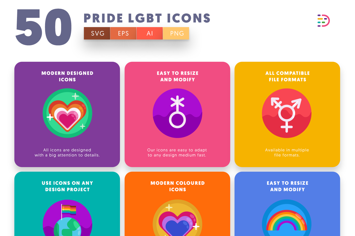 Pride LGBT Icons with colored backgrounds 