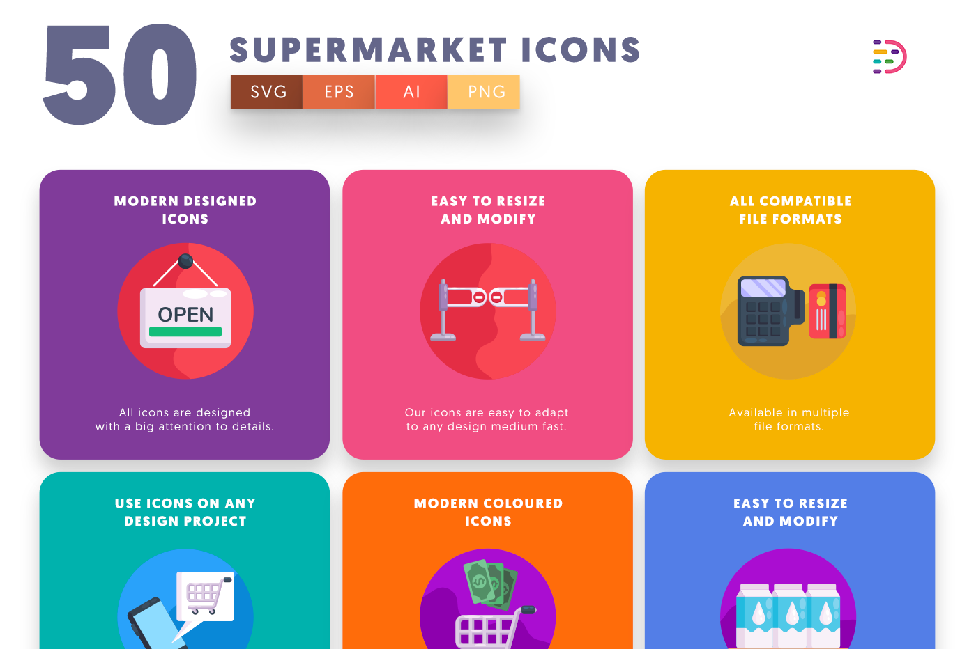 50 Supermarket Icons with colored backgrounds 