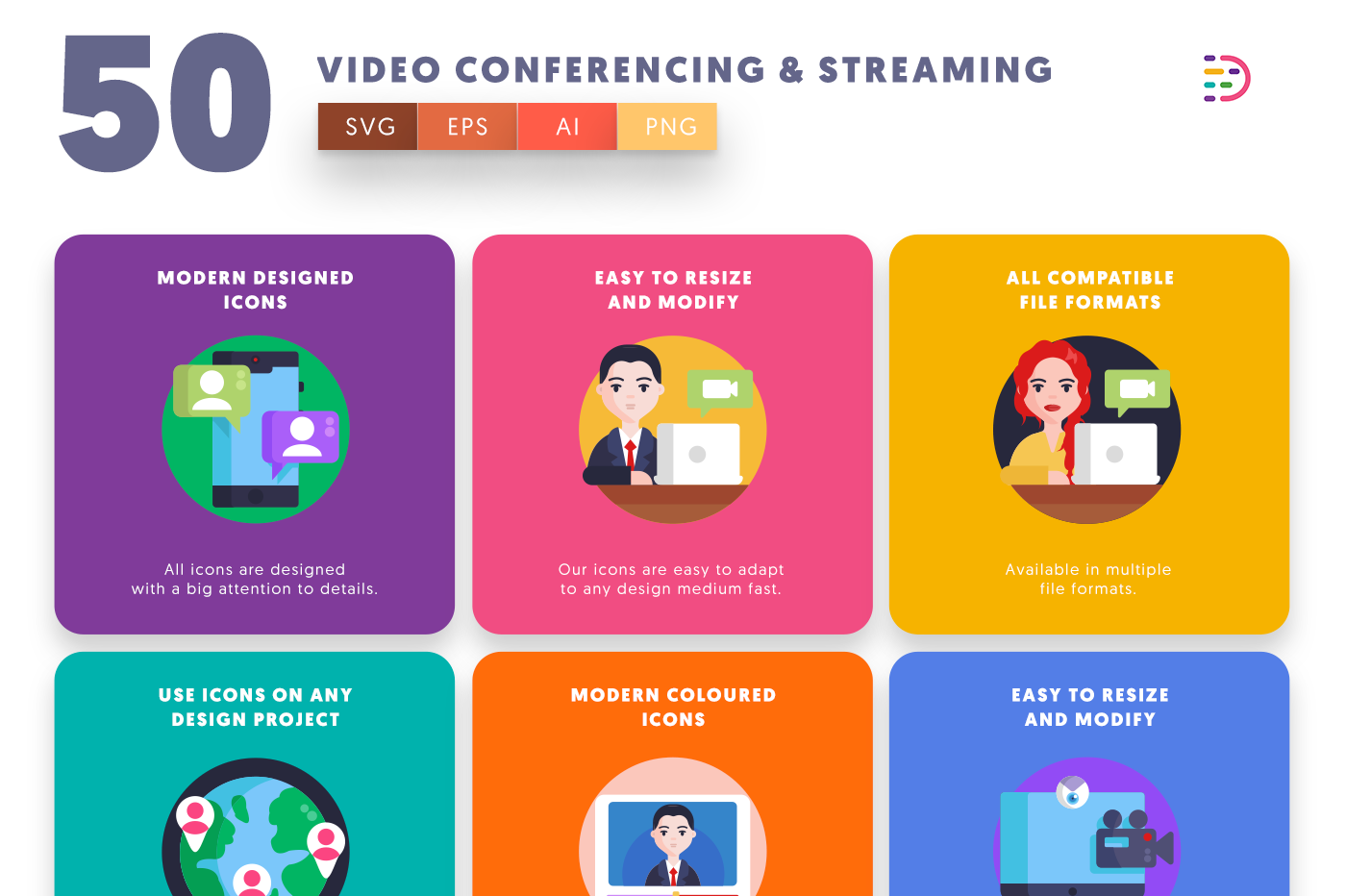 Video Conference and Streaming Icons with colored backgrounds 