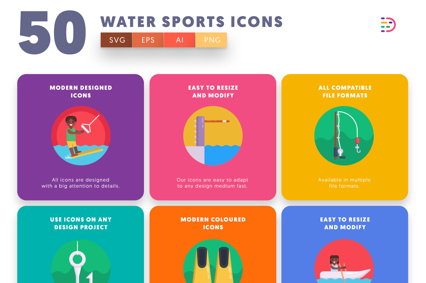 50 Water Sports Icons with colored backgrounds 