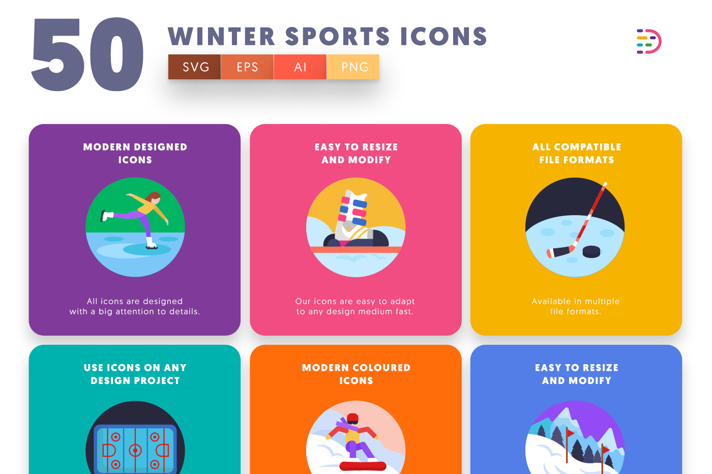  Winter Sports Icons with colored backgrounds 