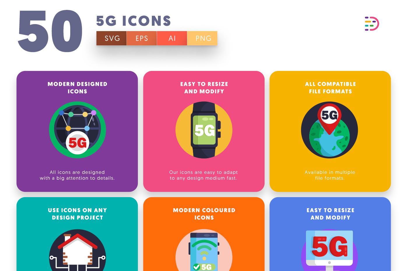 50 5G Icons with colored backgrounds 