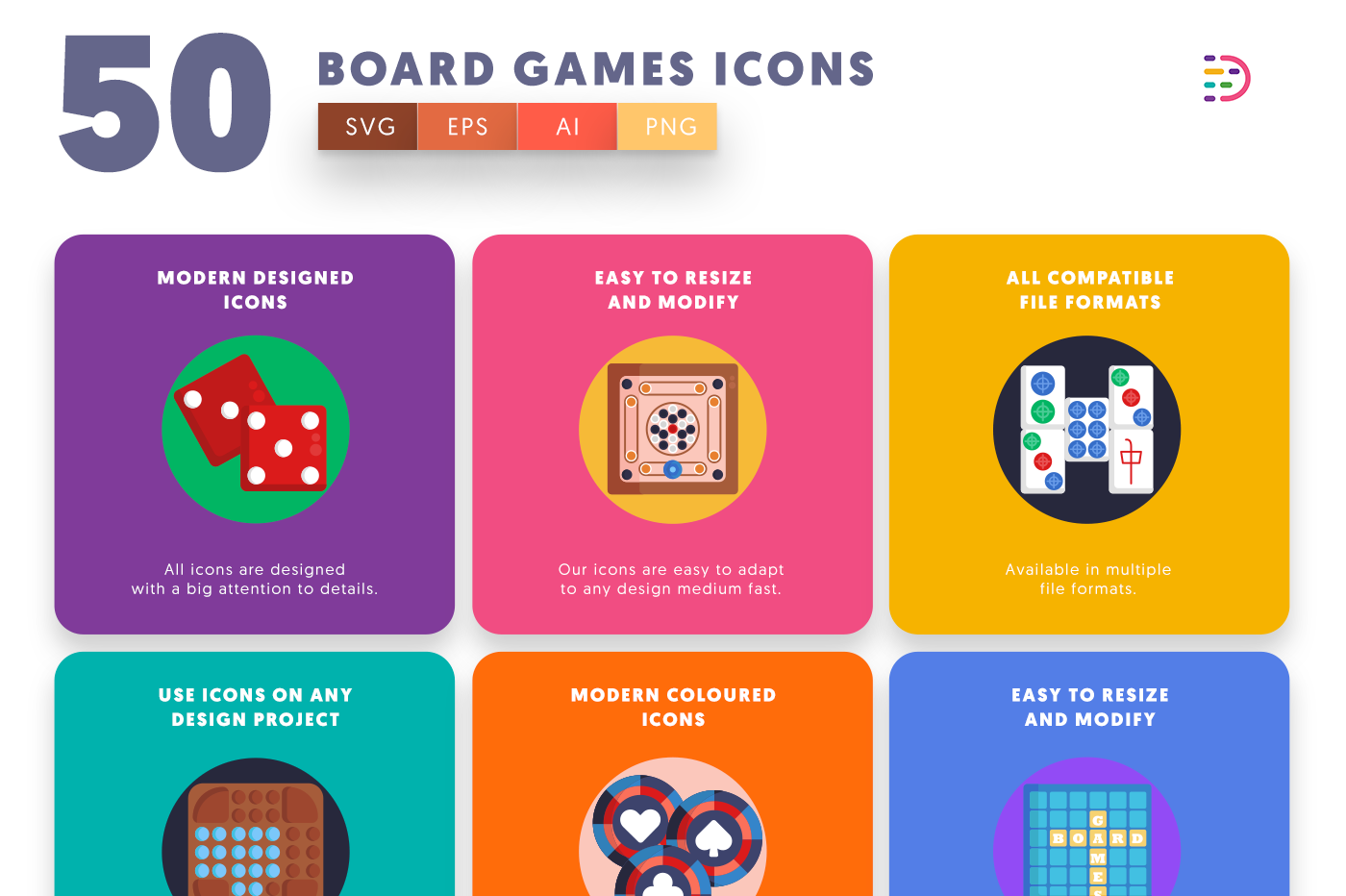 Board Games Icons with colored backgrounds 