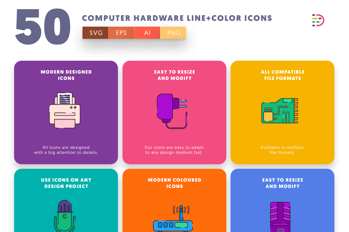 Computer Hardware Line and Color Icons with colored backgrounds 