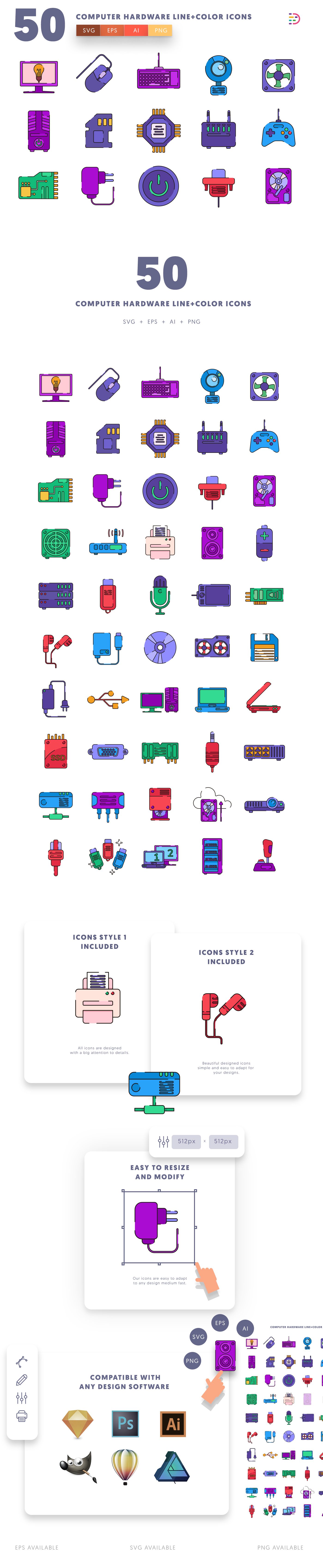 Editable Computer Hardware Line Color icons icon pack, easy to edit and customize icons
