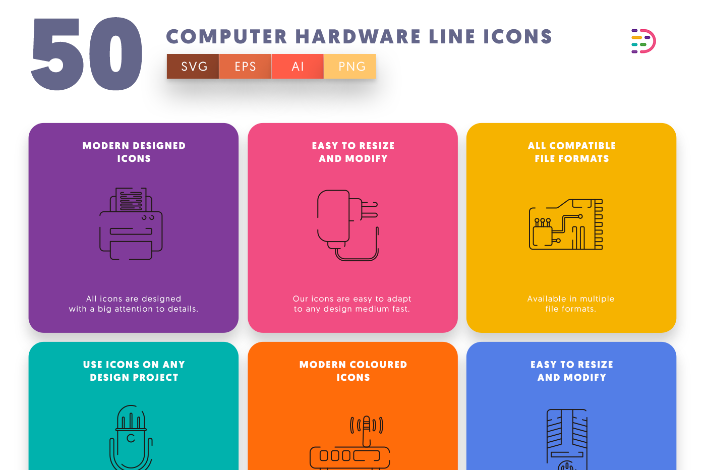 Computer Hardware Line Icons with colored backgrounds 