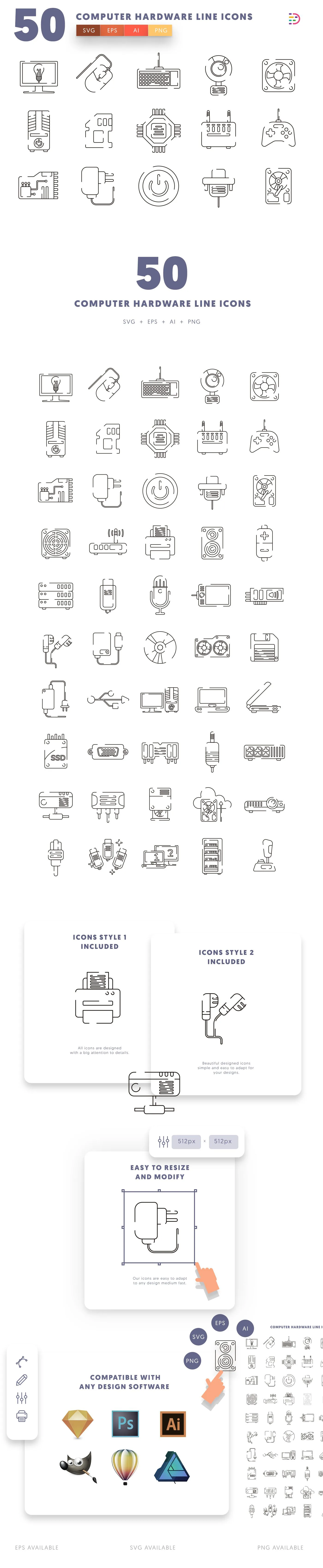Editable computer hardware line icons icon pack, easy to edit and customize icons