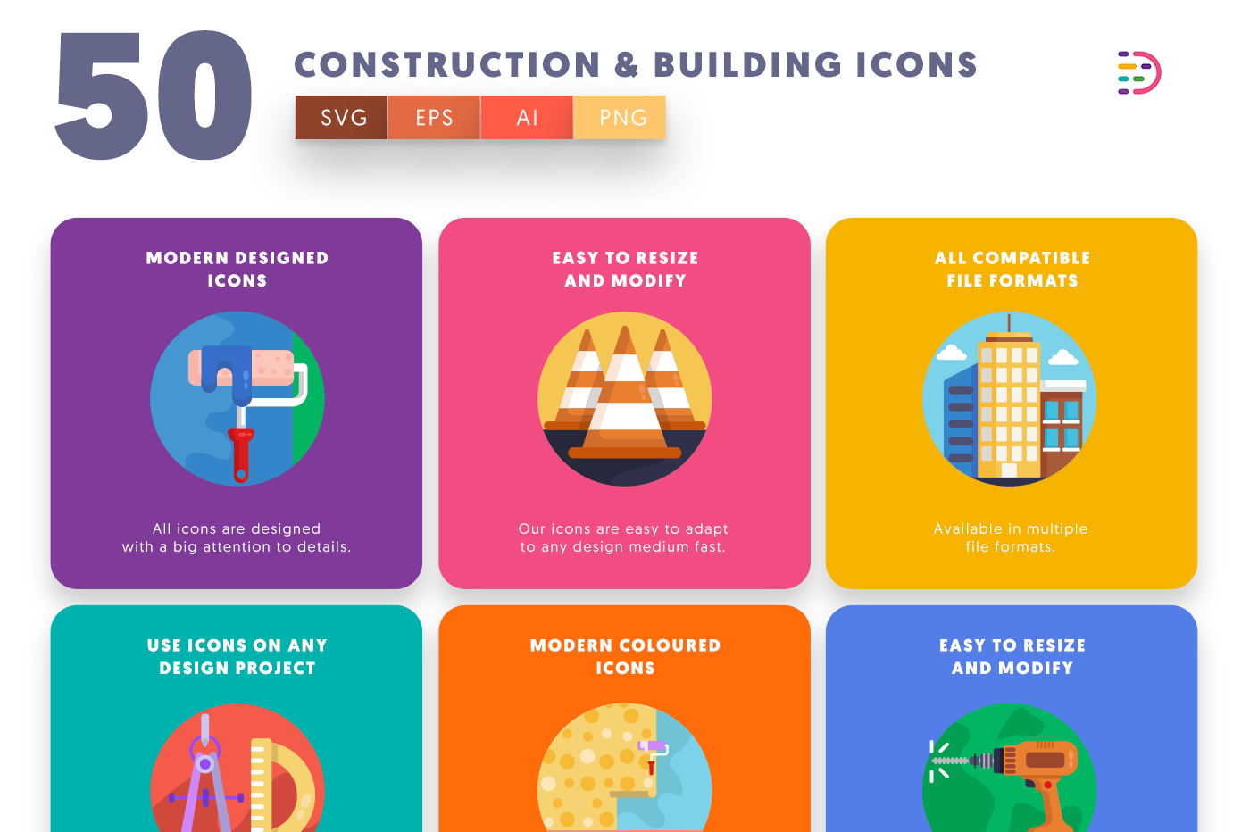 Construction and Building Icons with colored backgrounds 