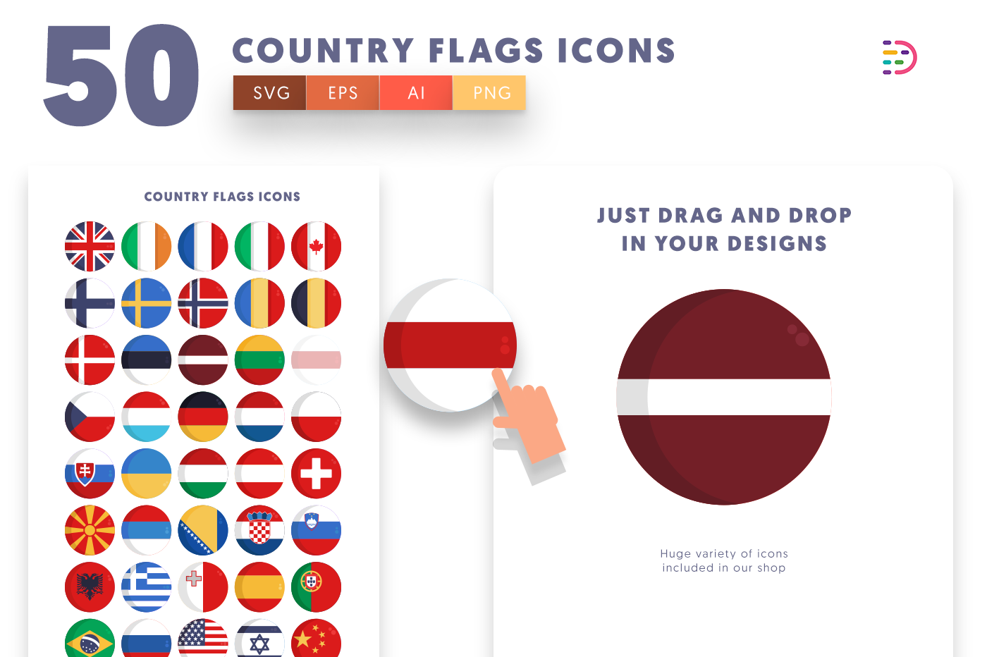 Drag and drop vector 50 Country Flags Icons 