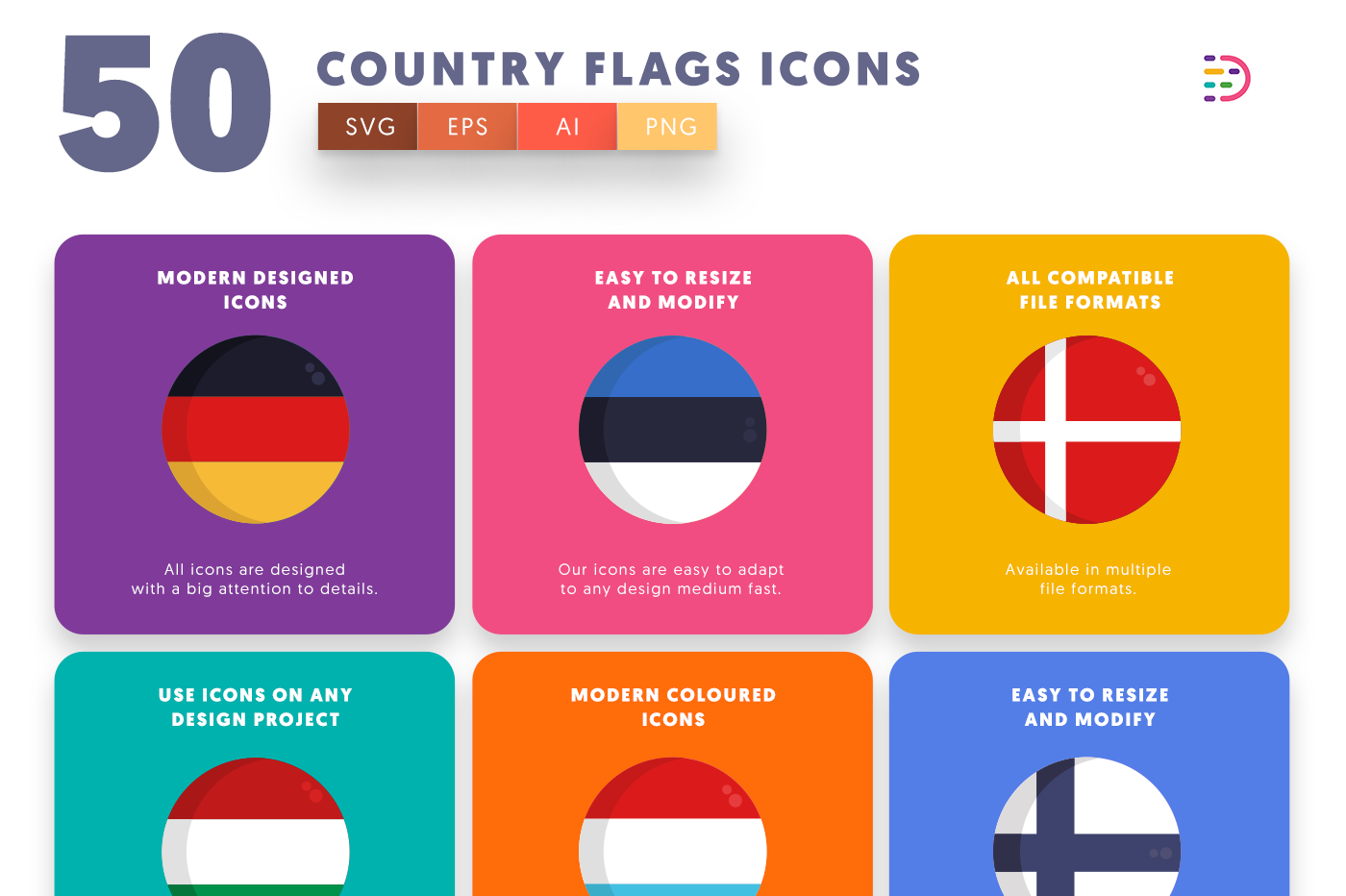 50 Country Flags Icons with colored backgrounds 