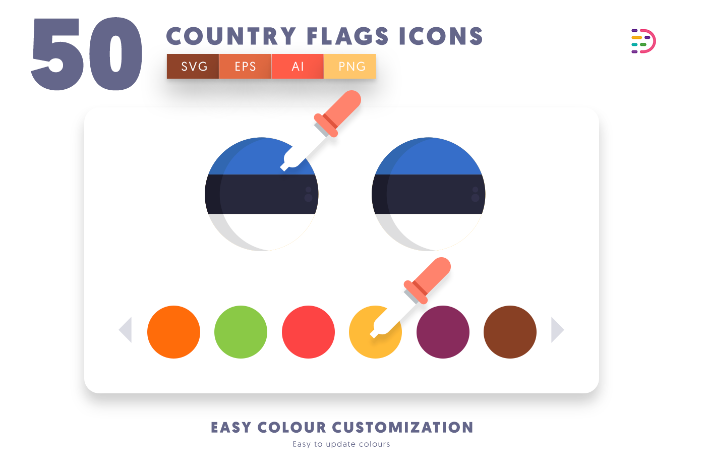 Customizable and vector 50 Country Flags Icons