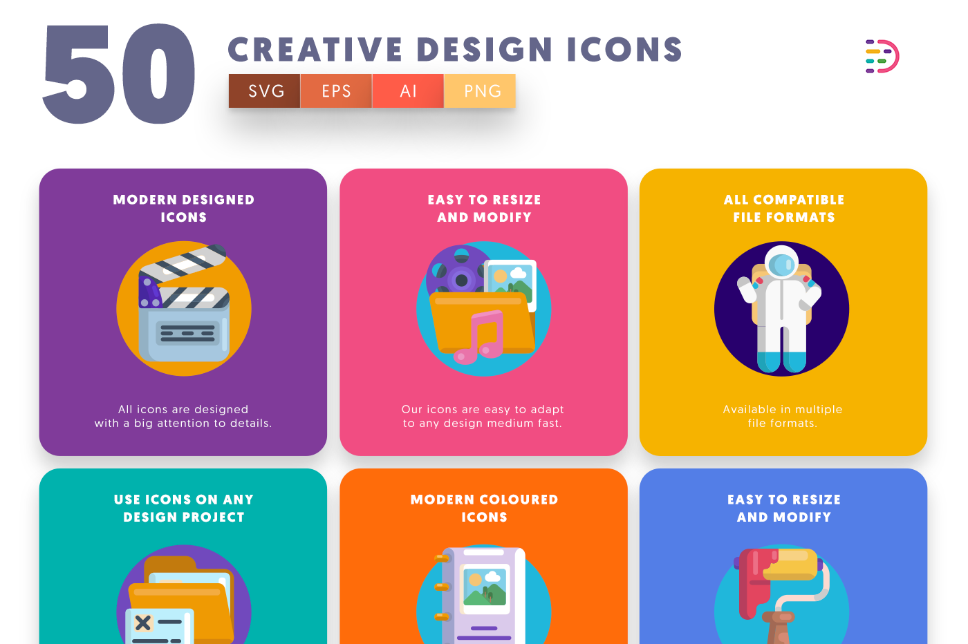 50 Creative Design Icons with colored backgrounds 