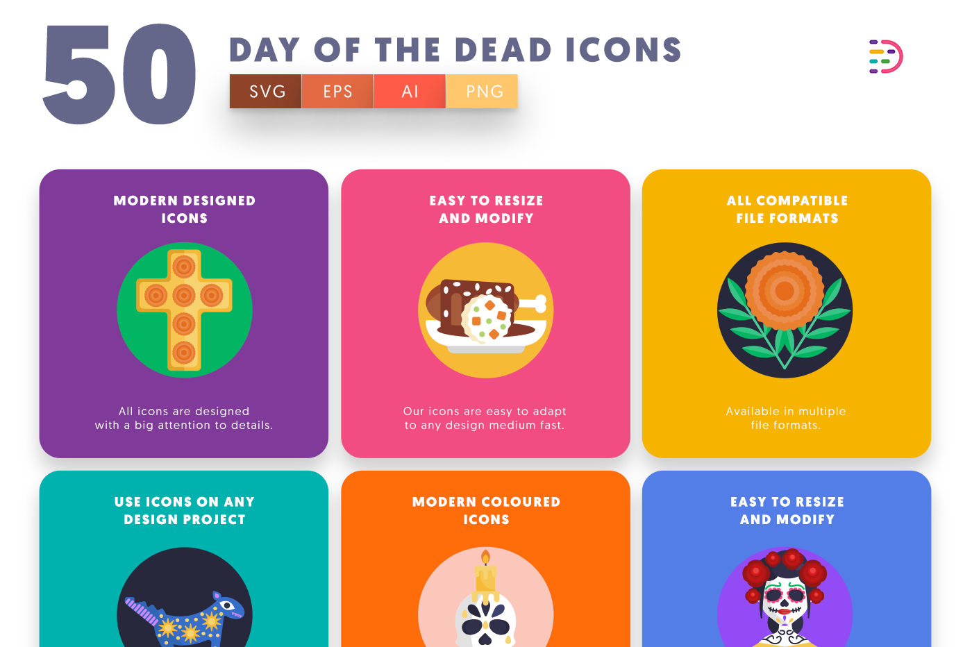Day of the Dead Icons with colored backgrounds 