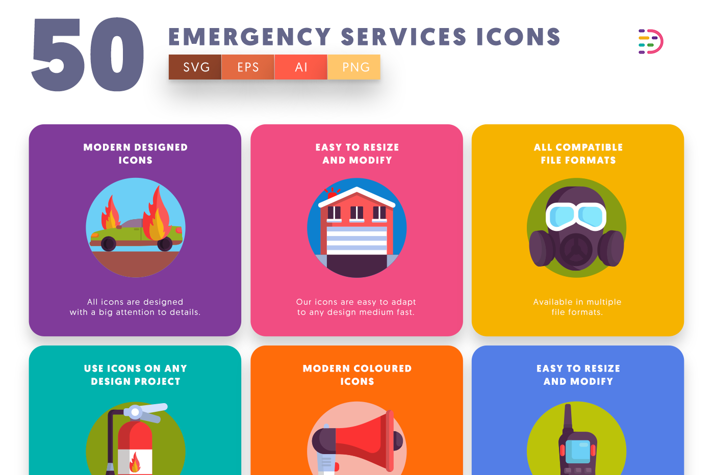 50 Emergency Services Icons with colored backgrounds 