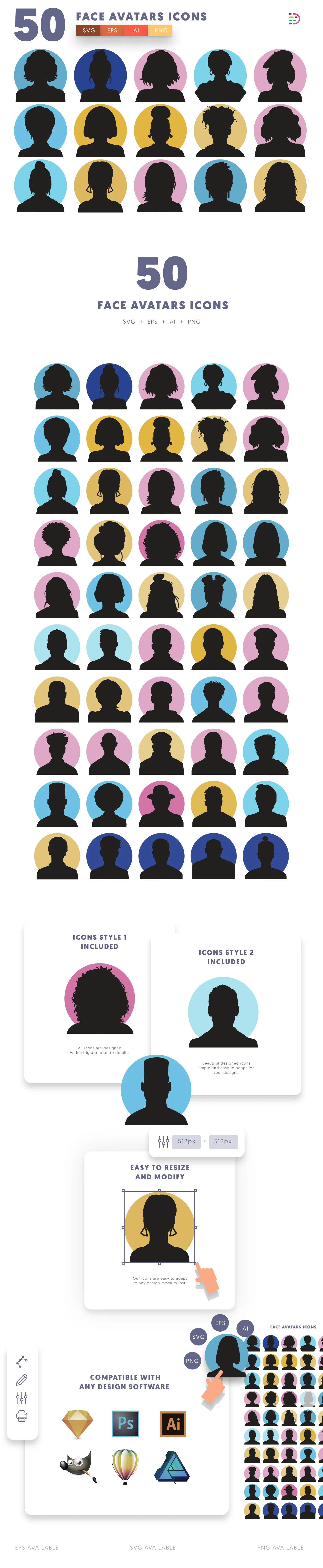 Editable face avatars icons icon pack, easy to edit and customize icons