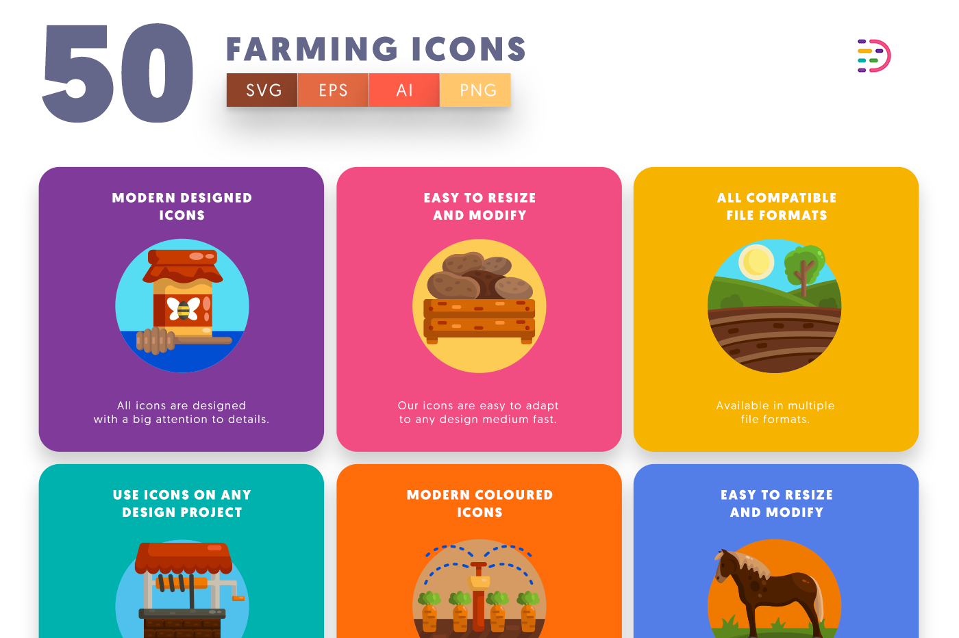  Farming Icons with colored backgrounds 