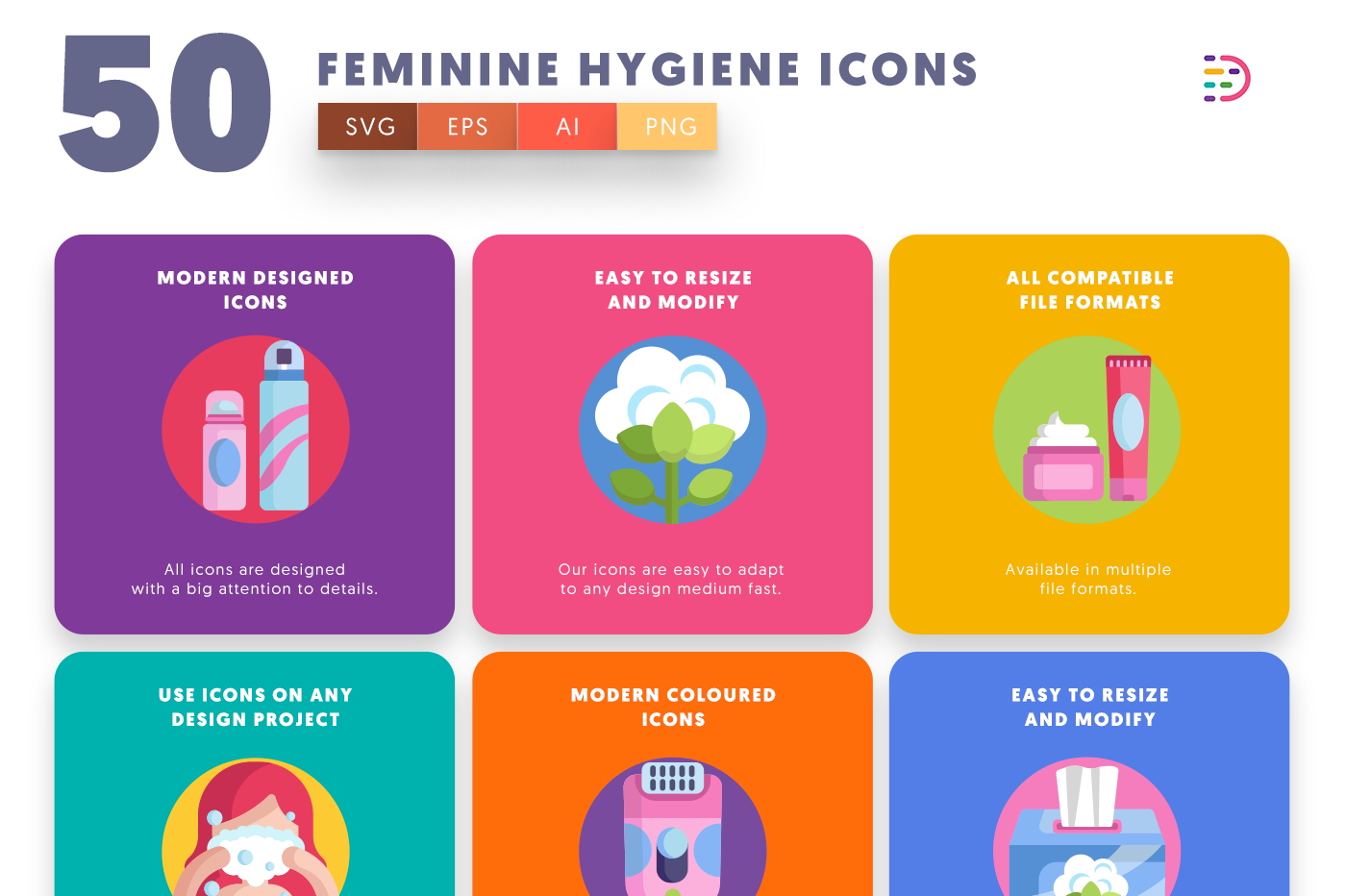 Feminine Hygiene Icons with colored backgrounds 