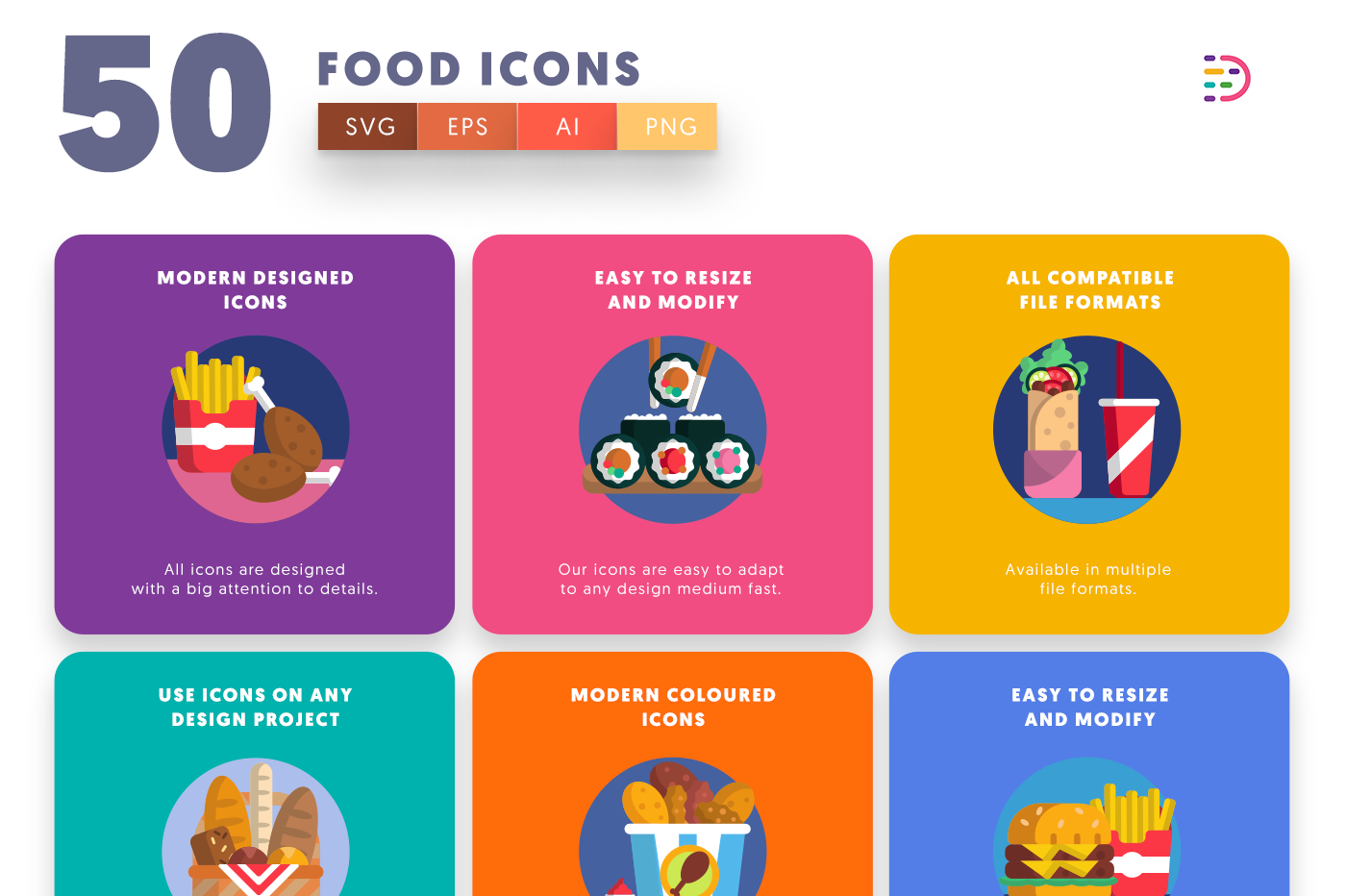  Food Icons with colored backgrounds 