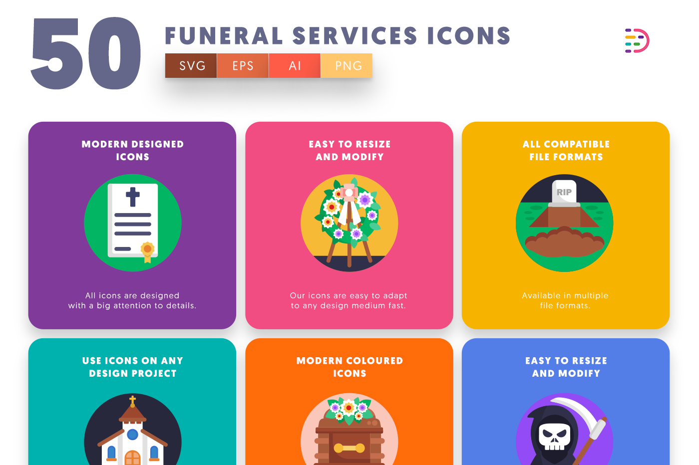 Funeral Services Icons with colored backgrounds 