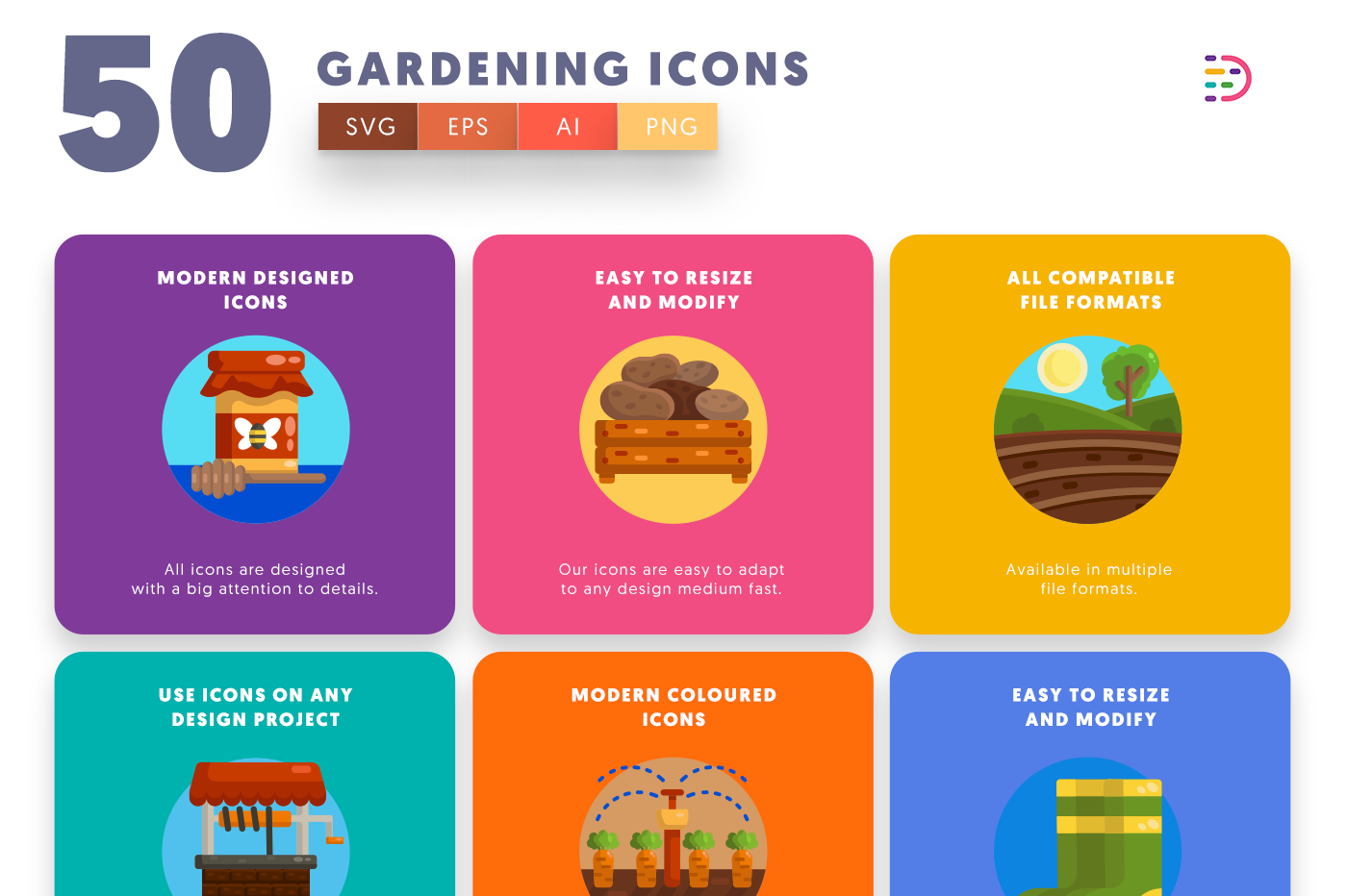  Gardening Icons with colored backgrounds 