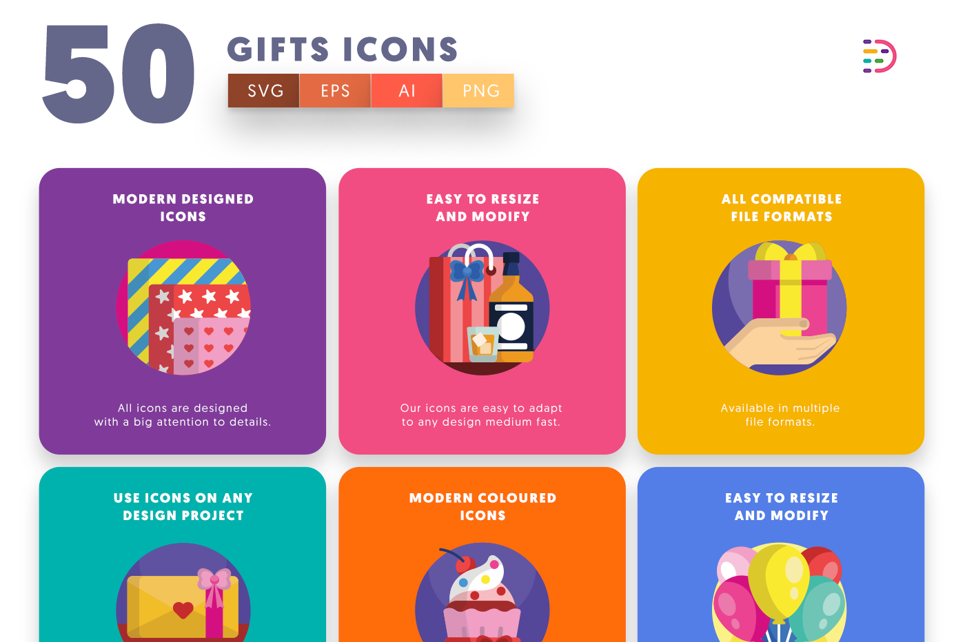 50 Gifts Icons with colored backgrounds 