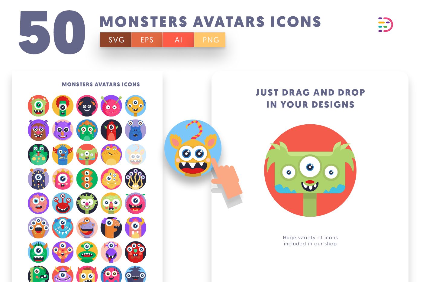 Drag and drop vector 50 Monsters Avatars Icons 