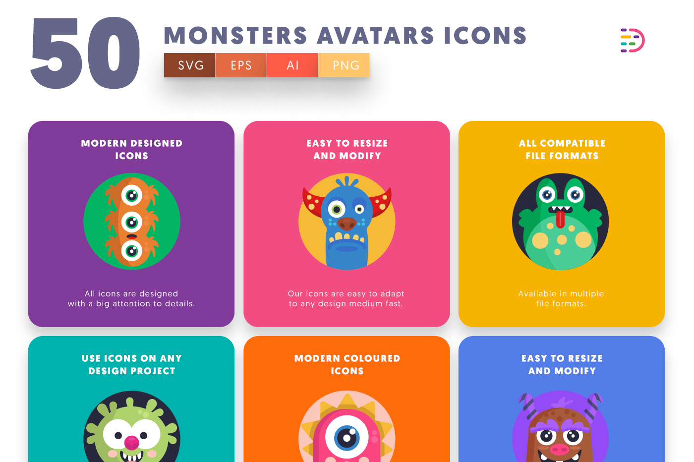  Monsters Avatars Icons with colored backgrounds 