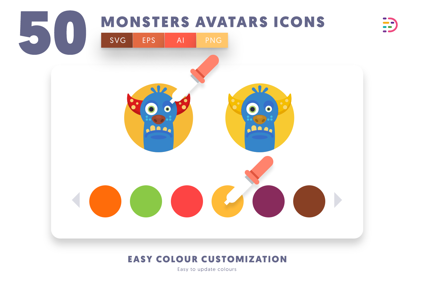 Customizable and vector 50 Monsters Avatars Icons