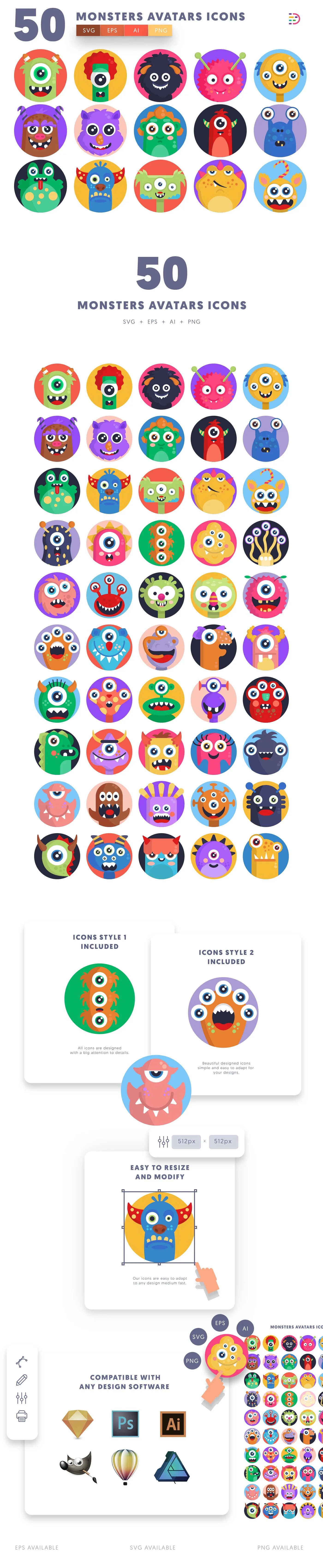 Editable Monsters Avatars icons icon pack, easy to edit and customize icons