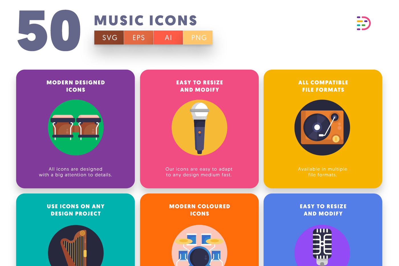  Music Icons with colored backgrounds 