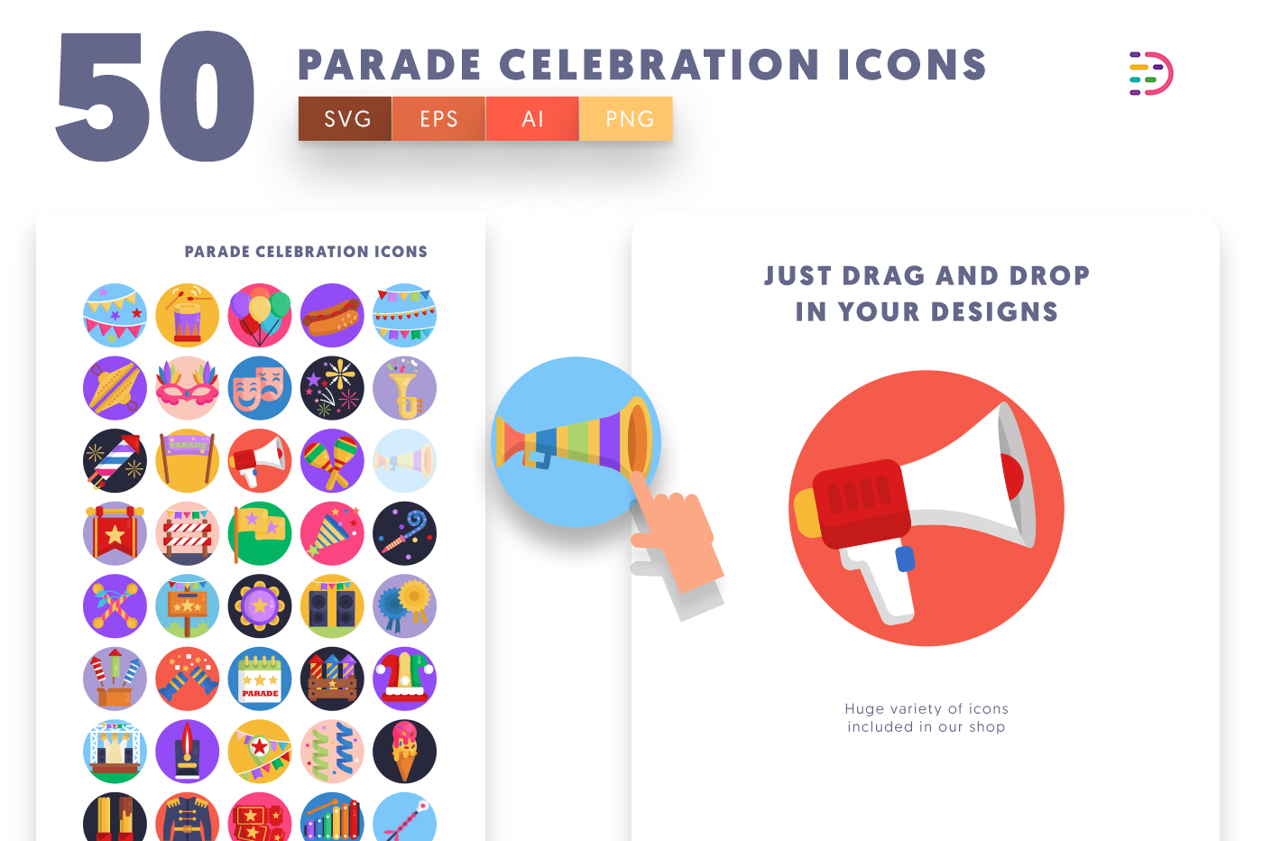 Drag and drop vector 50 Parade Celebration Icons 