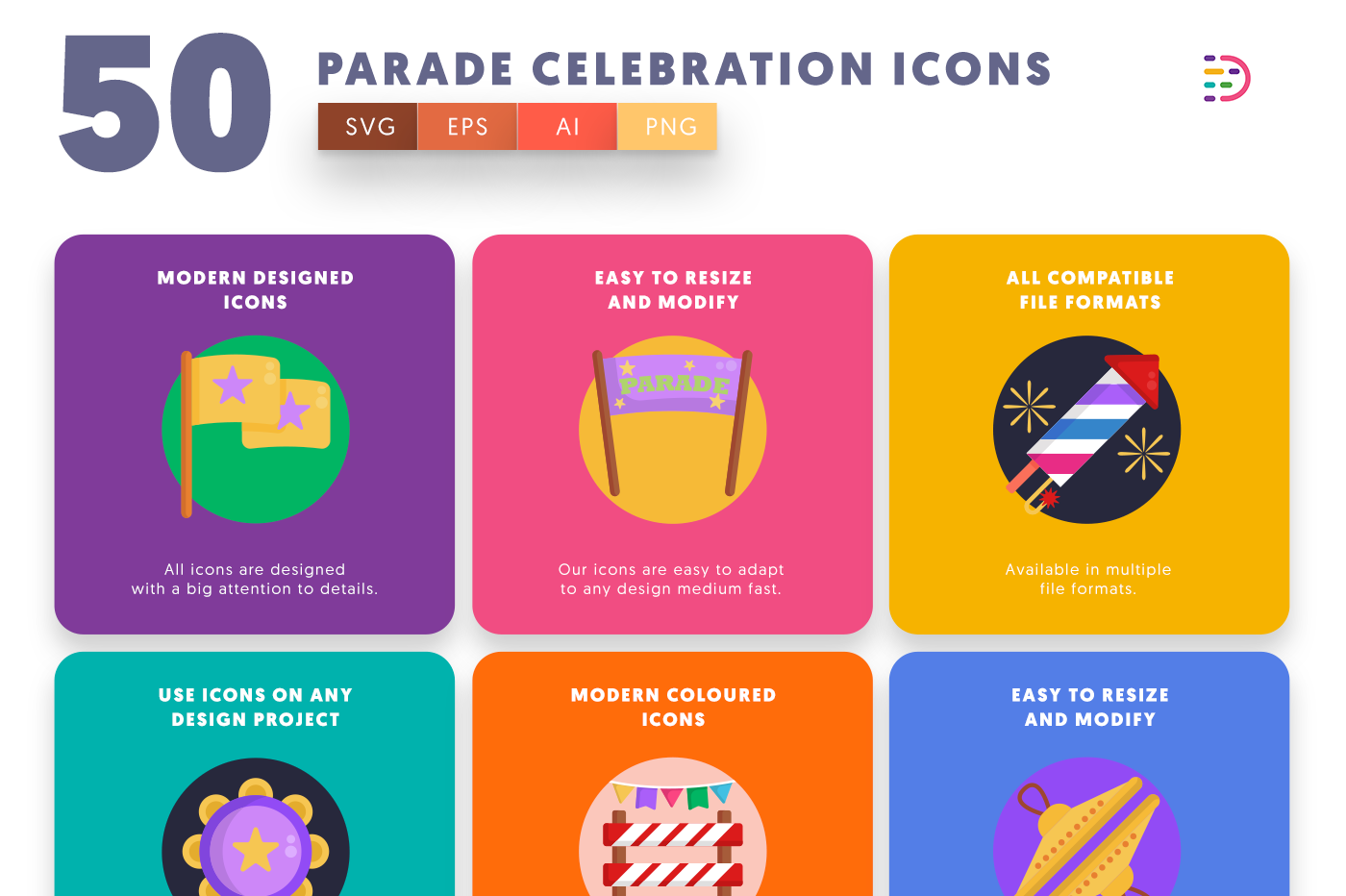 50 Parade Celebration Icons with colored backgrounds 