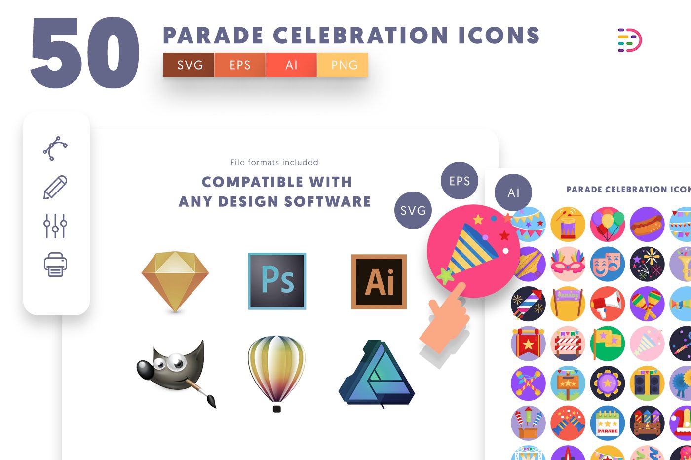  full vector 50 Parade Celebration Icons EPS, SVG, PNG