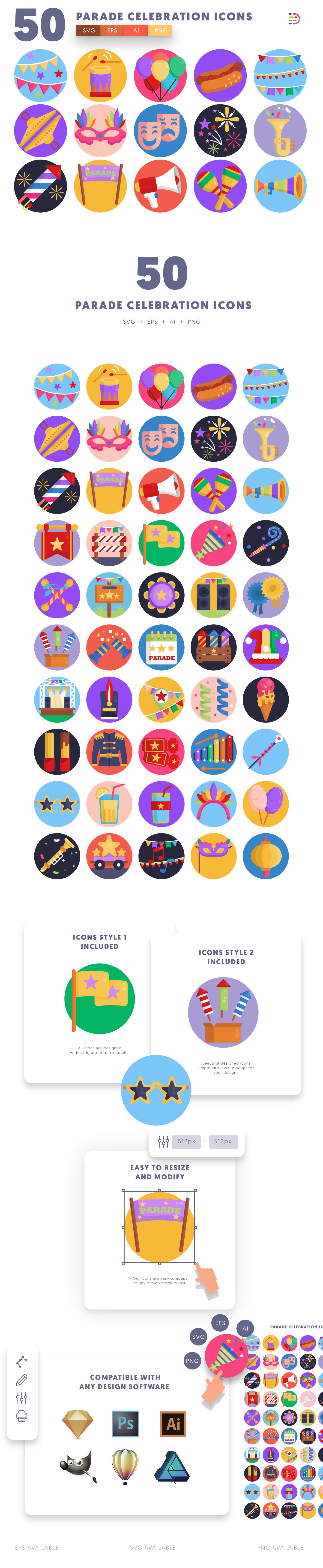 Editable parade celebration icon pack, easy to edit and customize icons