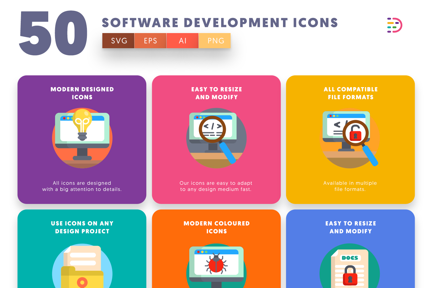 Software Development Icons with colored backgrounds 