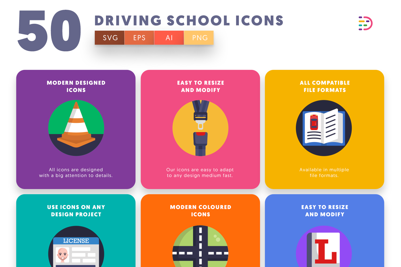 Driving School Icons with colored backgrounds 