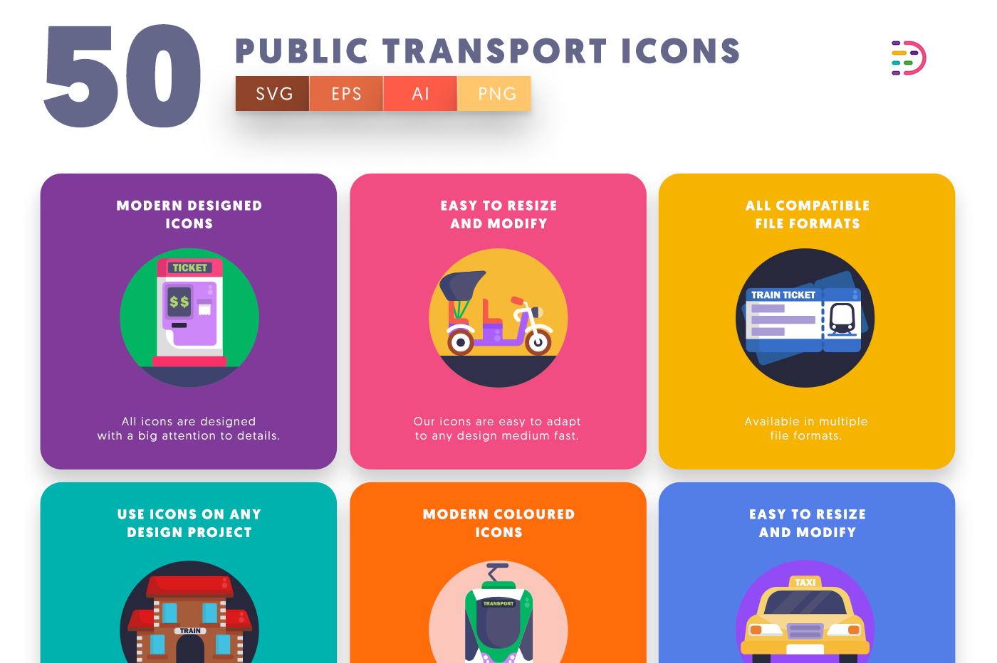  Public Transport Icons with colored backgrounds 