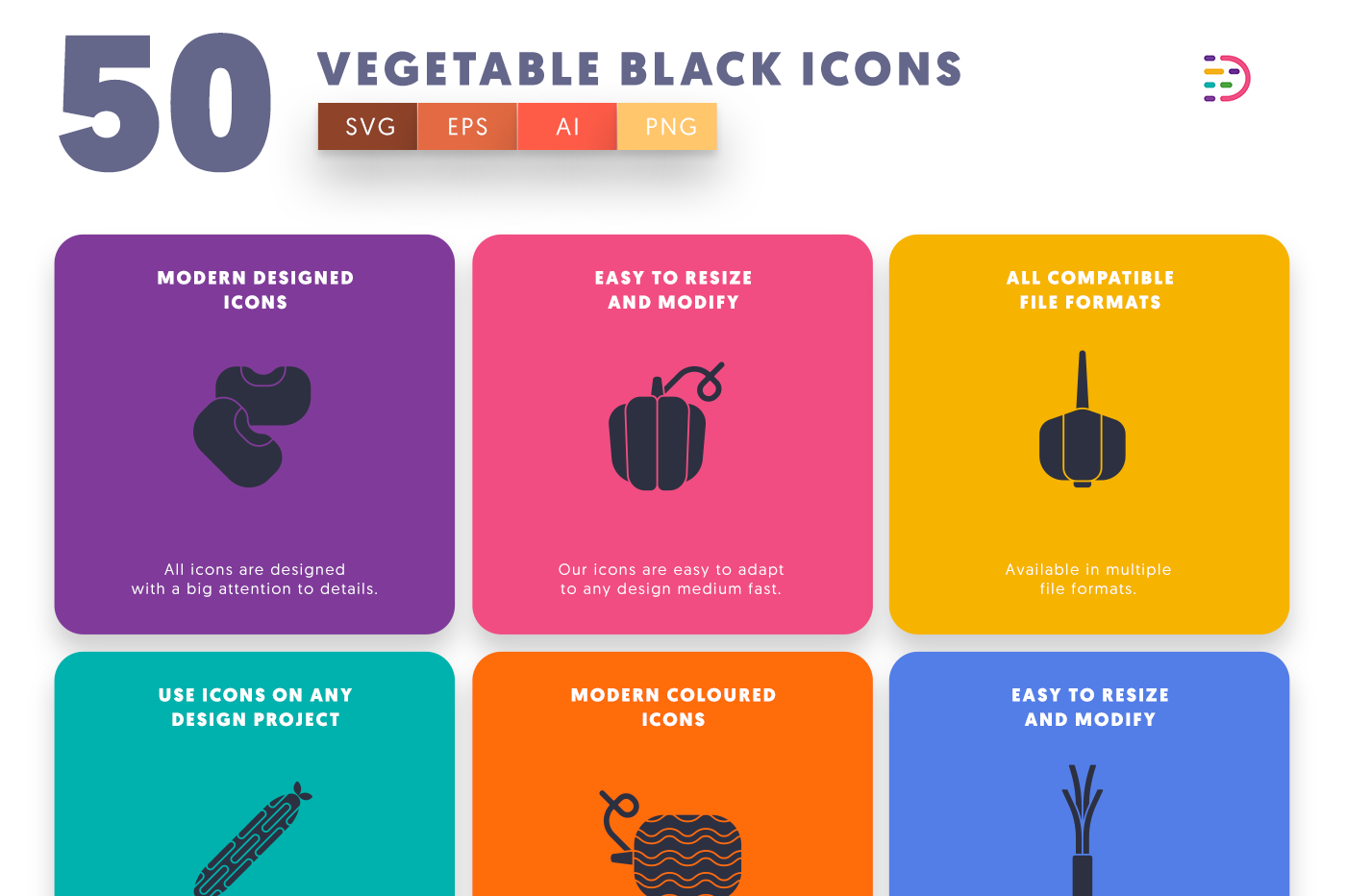 50 Vegetable Black Icons with colored backgrounds 