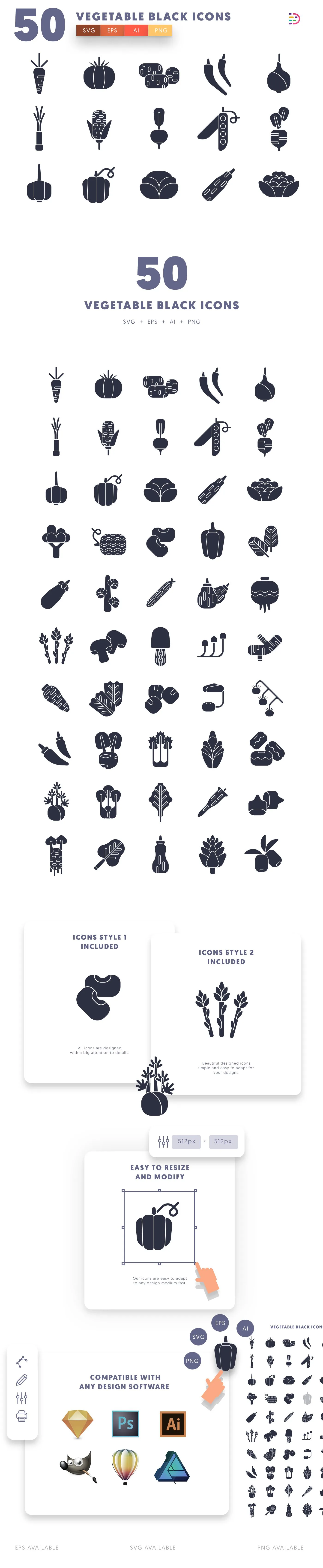 Editable vegetable black icon pack, easy to edit and customize icons