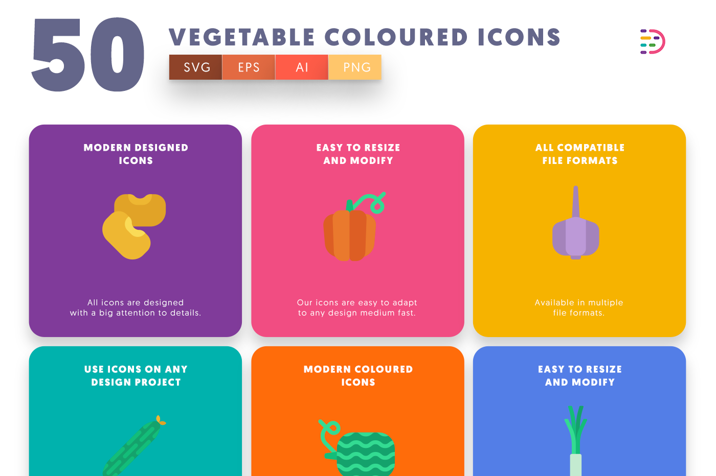  Vegetable Coloured Icons with colored backgrounds 