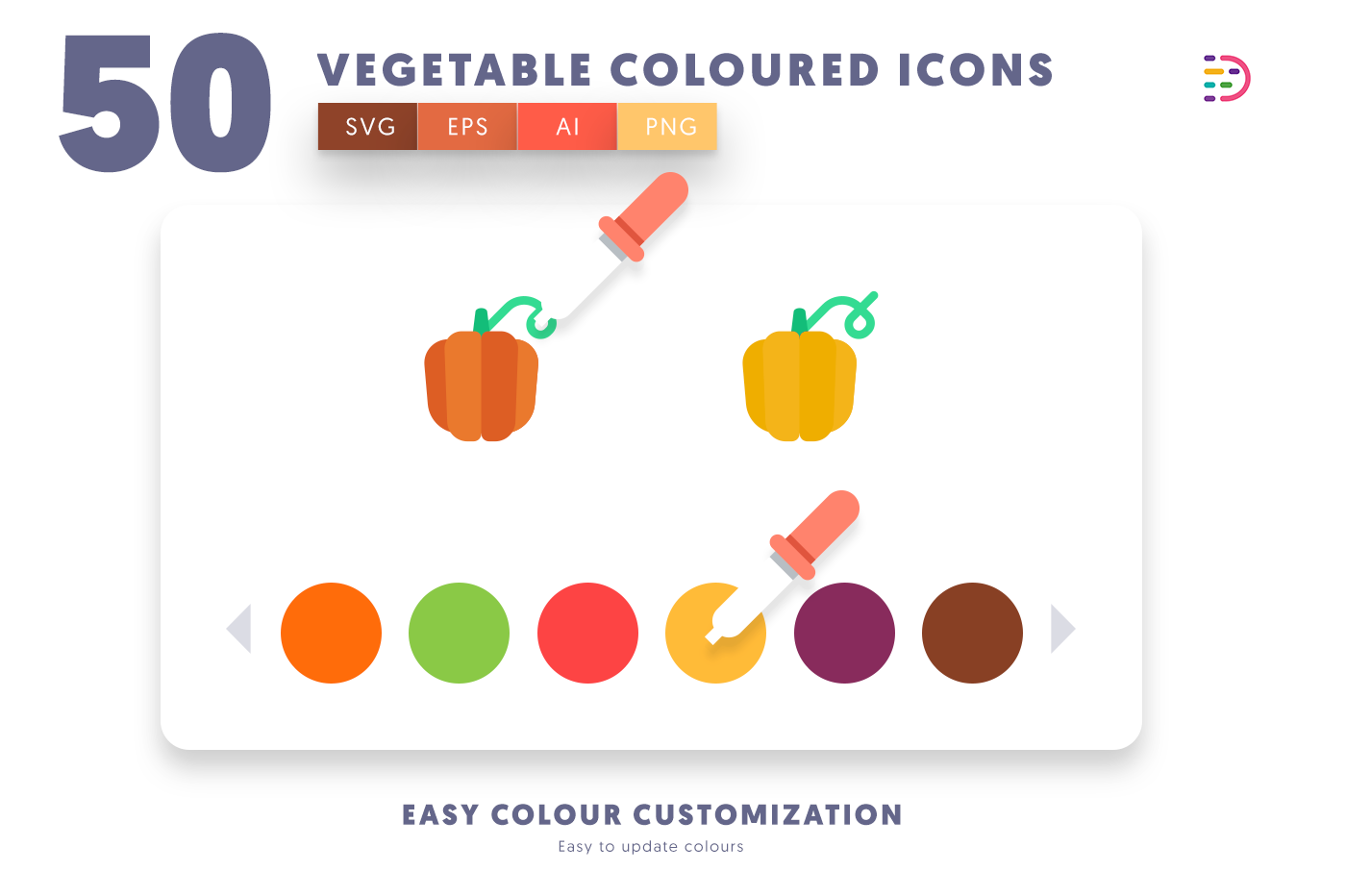 Customizable and vector 50 Vegetable Coloured Icons