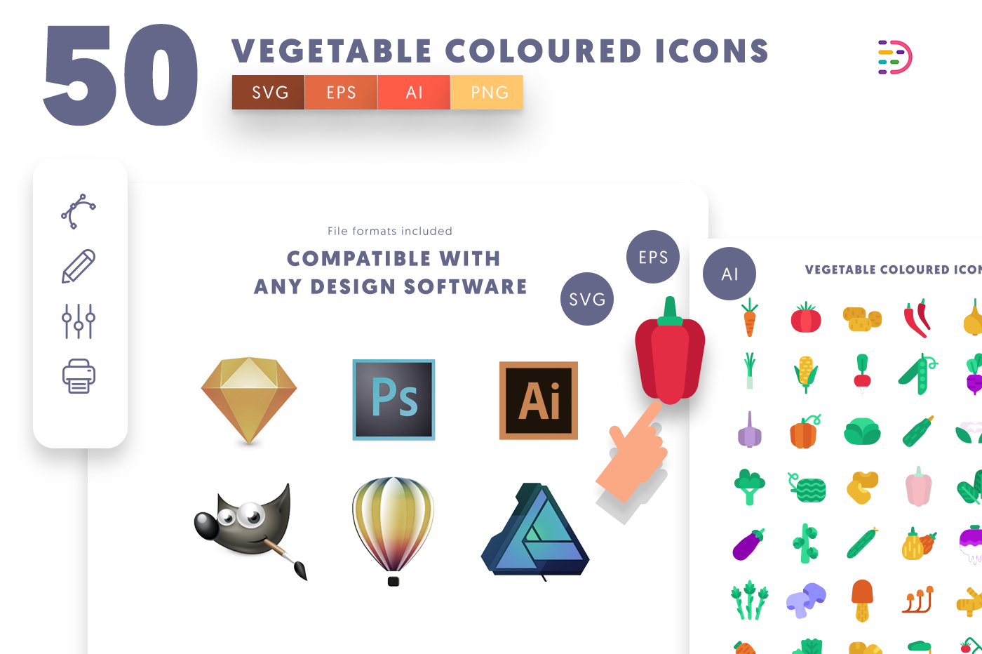  full vector 50 Vegetable Coloured Icons EPS, SVG, PNG