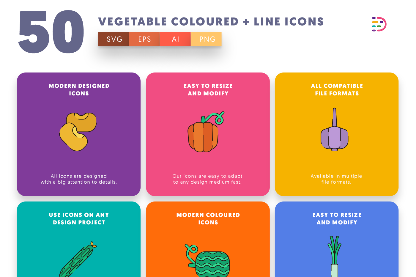 Vegetable Coloured and Lines Icons with colored backgrounds 