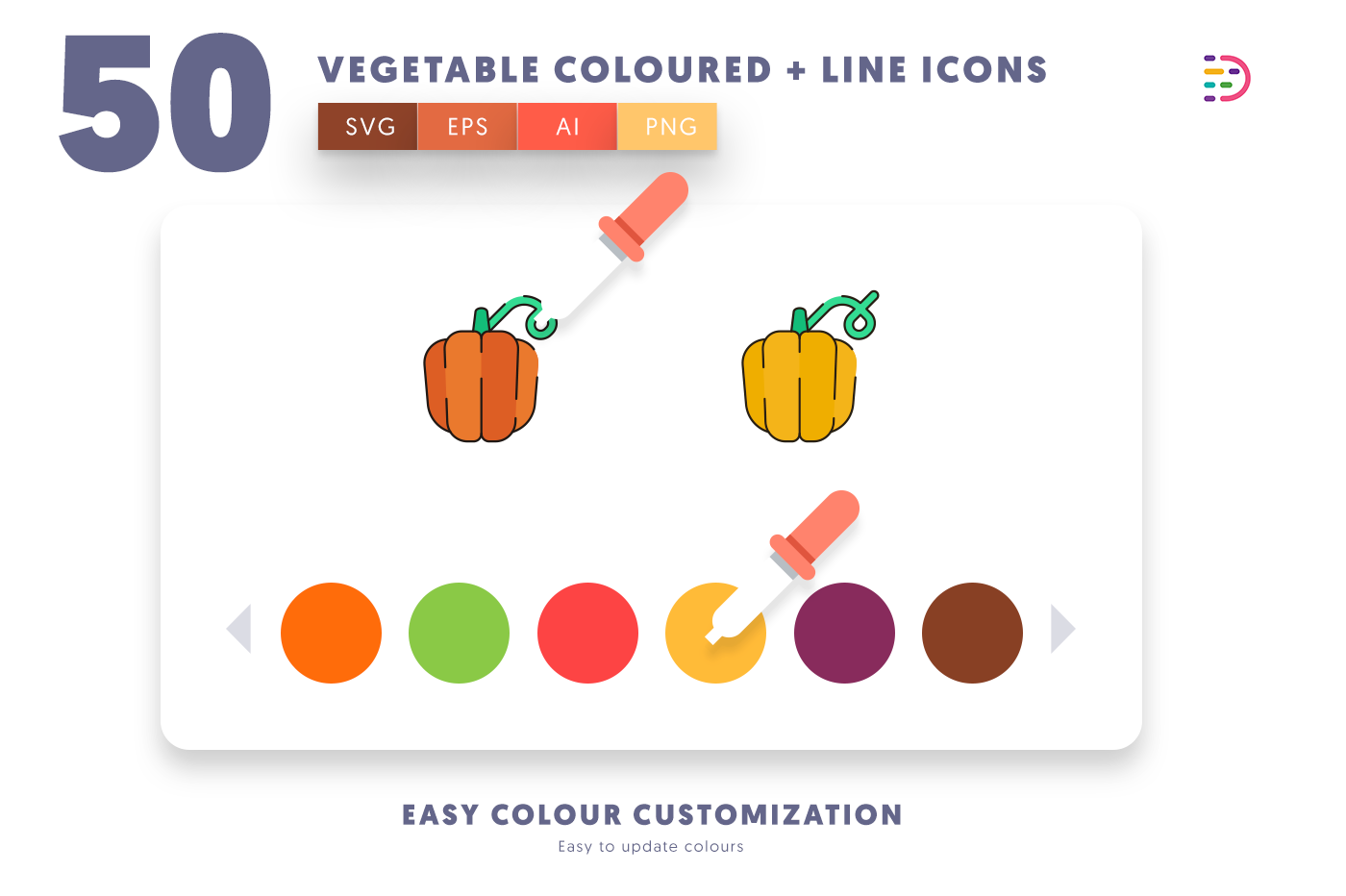 Customizable and vector Vegetable Coloured and Lines Icons