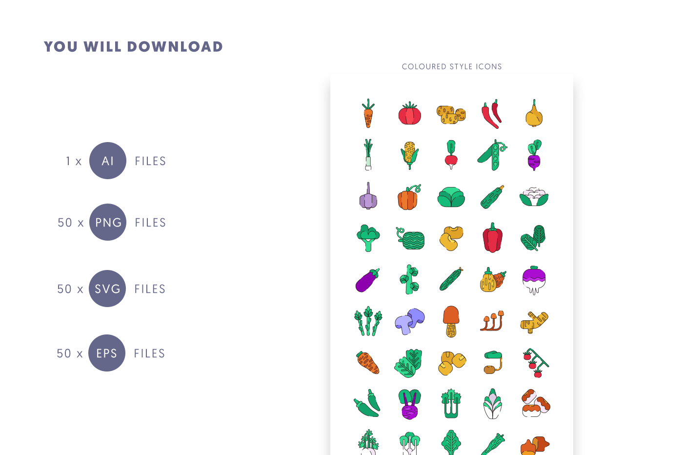 Compatible Vegetable Coloured and Lines Icons pack