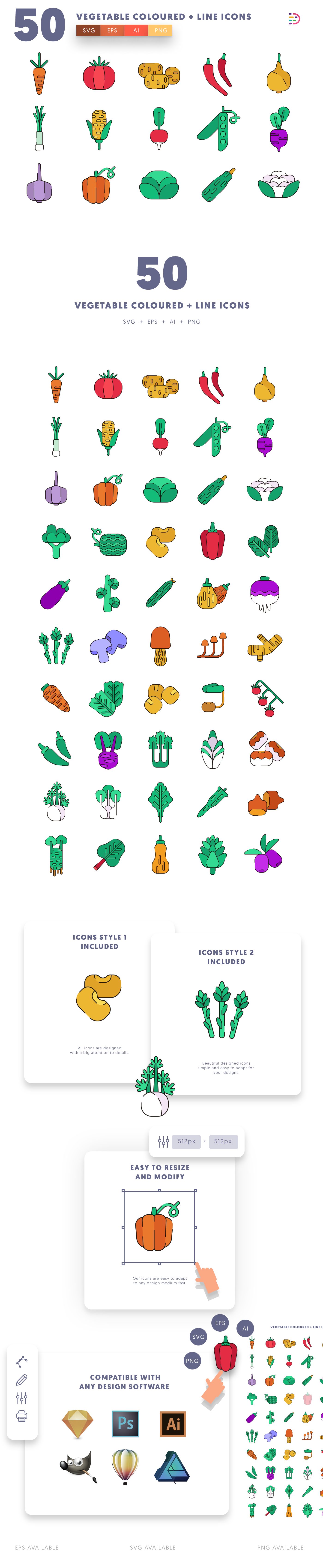 Editable vegetable coloured lines icons icon pack, easy to edit and customize icons
