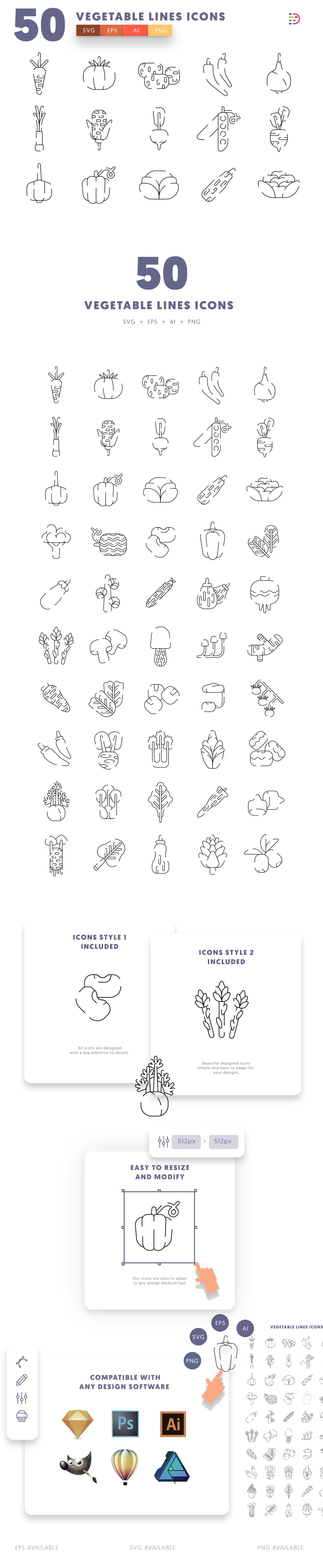 Editable vegetable lines icons icon pack, easy to edit and customize icons